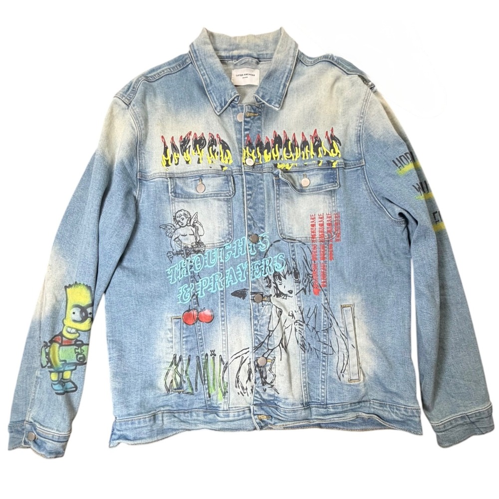 Lifted Anchors Mens 3XL Anime Graphic Denim Jacket Light Wash Streetwear Blue